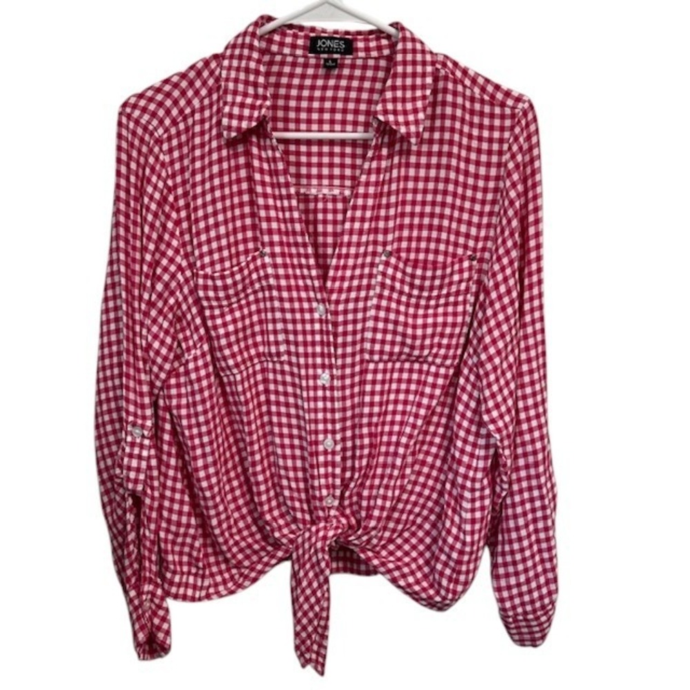 Jones New York Pink Gingham‎ Plaid Roll Tab Sleeve Tie Front Blouse Top - L